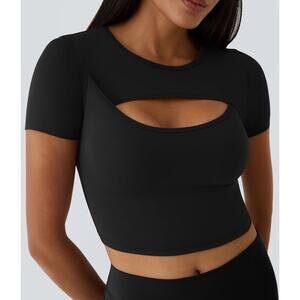 Halara Round Neck Cut Out Cropped Barre Ballet Dance Sport top Size Medium NWT